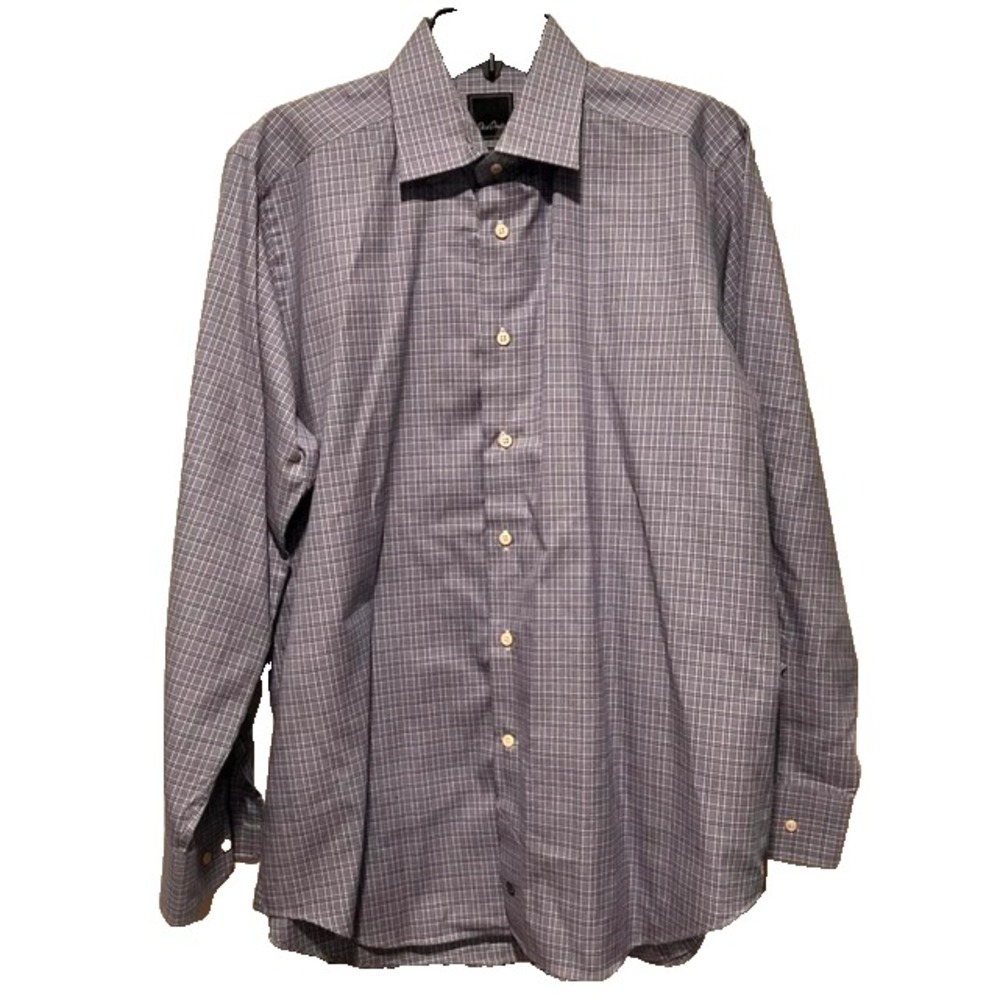 David Donahue Mens Cotton Dress Shirt 17 34/35 Blue White Plaid Trim Fit Woven - Picture 3 of 6